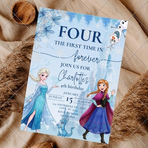 Plantilla de invitación de cumpleaños número 4 de Frozen, invitación de fiesta de Elsa y Anna para el cuarto cumpleaños "La primera vez para siempre", editable en Canva.