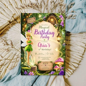 May include: A rectangular birthday party invitation featuring a fairy with blonde hair and a green dress, surrounded by a forest scene with glowing mushrooms, a wooden sign, and text reading: Join us for a Magical Birthday Party to celebrate Aria's 6th Birthday!