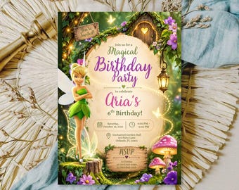 Invitación de cumpleaños de Campanilla, invitación para fiesta de jardín de hadas, cumpleaños de niñas con temática de Campanilla, plantilla imprimible editable de Canva