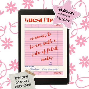 Puede incluir: Diseño digital de recibo de restaurante en una tableta, con el texto "enemies to lovers with a side of fated mates". Incluye una pegatina en forma de estrella que dice "Customizable Digital Download Full Screen". El fondo tiene un patrón floral.