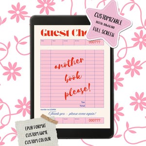 Puede incluir: Diseño digital de recibo de invitado en una tableta, con un esquema de color rosa y rojo y el texto "another book please!". Incluye una pegatina en forma de estrella que dice "Customizable Digital Download Full Screen". El fondo tiene un patrón floral.
