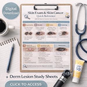 May include: A skin cancer reference bundle on a clipboard, featuring the ABCDE rule for melanoma. A stethoscope, pen, coffee cup, and SPF 50 sunscreen are also present.