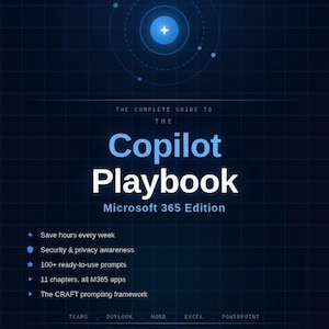 Może przedstawiać: Ciemnoniebieska grafika z tytułem "Copilot Playbook" i edycją Microsoft 365. Obraz zawiera punkty dotyczące oszczędzania czasu, bezpieczeństwa i podpowiedzi. Widoczne są również słowa "Produktywność" i "Bezpieczeństwo".