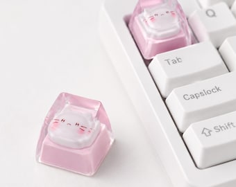 Cute Pink Cat Artisan Keycap for Mechanical Keyboard, Transparent Resin Kawaii Keycap, Cherry MX Compatible Keyboard Accessory