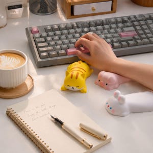 May include: A gray mechanical keyboard with pink accent keys, a white ceramic mug with latte art, a spiral-bound notebook with handwritten text, a fountain pen, and three silicone animal wrist rests shaped like a cat, pig, and rabbit.