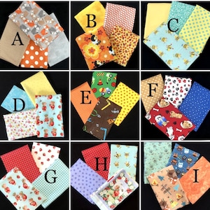 Fat Quarter Bundle, cotton flannel, boy girl children prints, polka dots, animals, tools, bees, flowers, fox dogs, owls, bears, construction