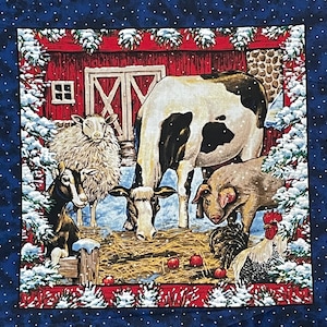 Cow Sheep pig roaster goat fabric, pillow panel, red barn, snowflakes, farm animals beautiful quilting fabric, 100 % cotton, Christmas panel