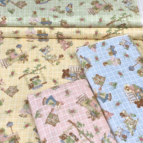 Girls playing Gentler Times by Northcott BROADCLOTH  Plaid yellow coral blue, girls and teddy bears Vintage sold by yard