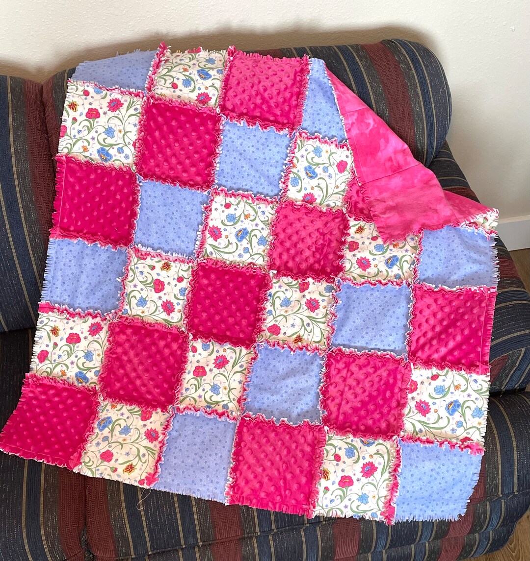 Pink Minky Floral Rag Quilt Kit, 72 Pre Cut 7 Quilt Blocks, Periwinkle