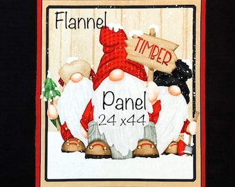 Timber Gnomies FLANNEL fabric panel, by Henry Glass, tan red black white, snowflakes, buffalo plaid, holiday Christmas fabric