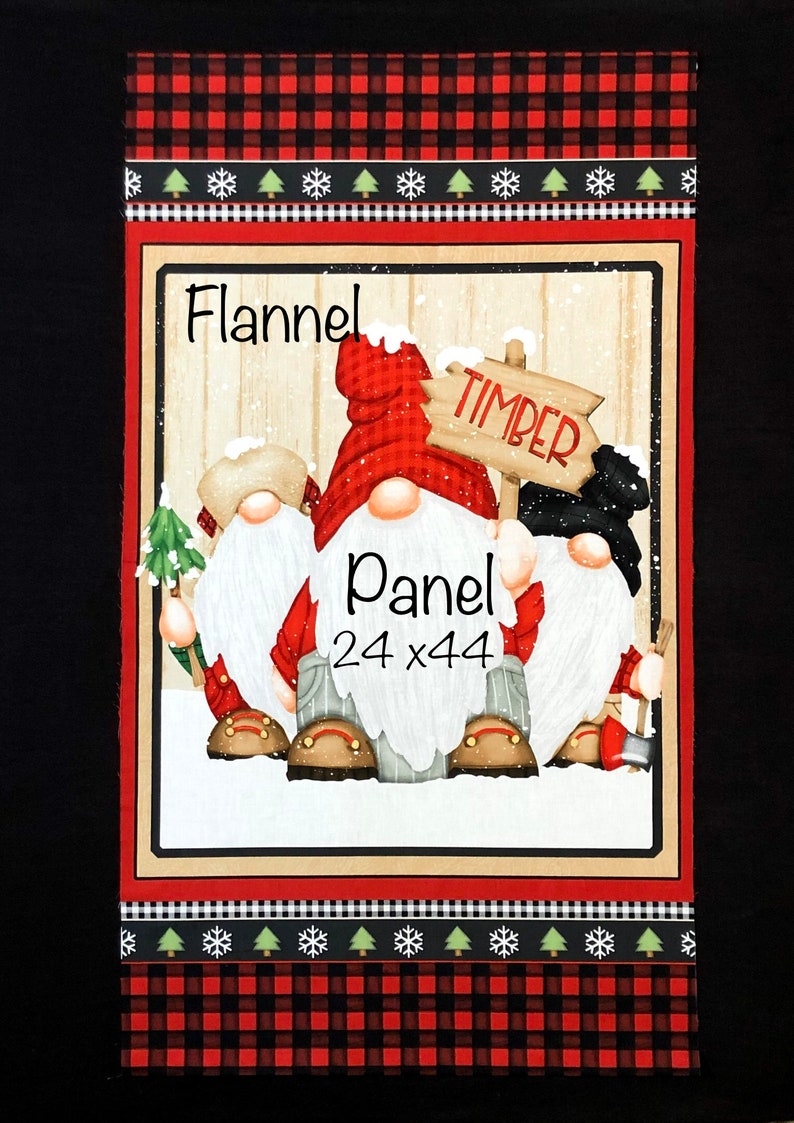 Timber Gnomies FLANNEL fabric panel, by Henry Glass, tan red black white, snowflakes, buffalo plaid, holiday Christmas fabric image 1