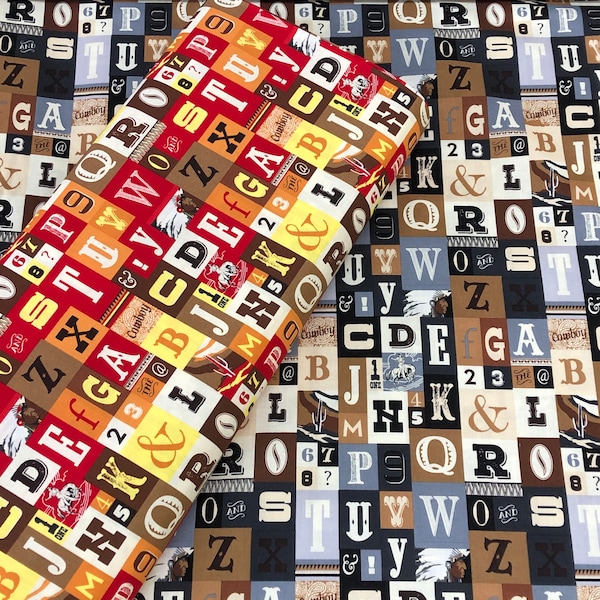 Cowboy Country Alphabet Multi colors and letters,  Riley Blake Designs - ABC Western on red, Rodeo Quilting Cotton Fabric, western blanket