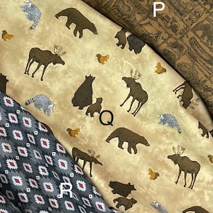 Pine Grove Fabric by Riley Blake Designs, Cabin, Camping, Bears, Moose, racoons, tan, gray brown wilderness outdoors, sold by yard