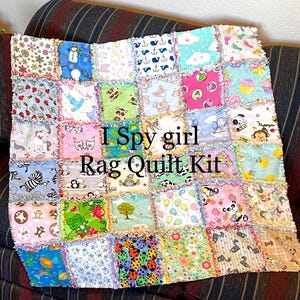 Girl I SPY 72 -7" or 84-6" FLANNEL fabric squares quilt kit, rainbow back, ducks kitten cupcake puppy ladybug panda bear sheep fun DIY quilt