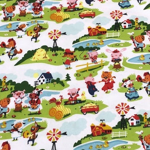 May include: A white fabric with a repeating pattern of farm animals, including pigs, cows, horses, and chickens. The animals are playing musical instruments and dancing. There are also farmhouses, windmills, and ponds with ducks.