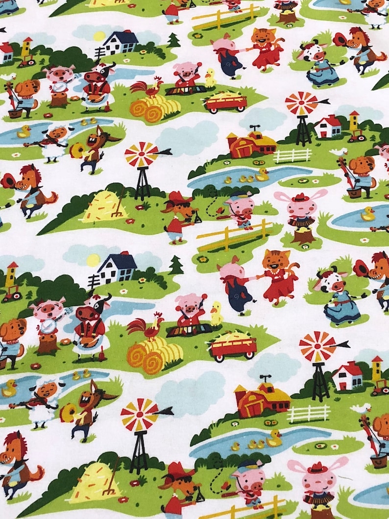 May include: A white fabric with a repeating pattern of farm animals, including pigs, cows, horses, and chickens. The animals are playing musical instruments and dancing. There are also farmhouses, windmills, and ponds with ducks.