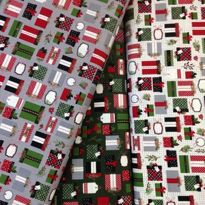 Christmas gifts, present fabric, red gray green, white, Christmas fabric, Holiday winter, cotton broadcloth fabric, by Riley Blake, by yard