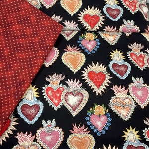 Hearts Valentine, Love Struck, pink red heart on black, Love bug, girl quilting, table decorations, small red flowers, sold by the yard