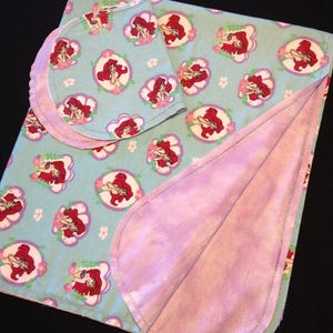 Little Mermaid Receiving blanket & burp cloth, Hemstitch crochet baby girl reversible flannel, lavender purple Coordinate aqua blue, Arial, image 5