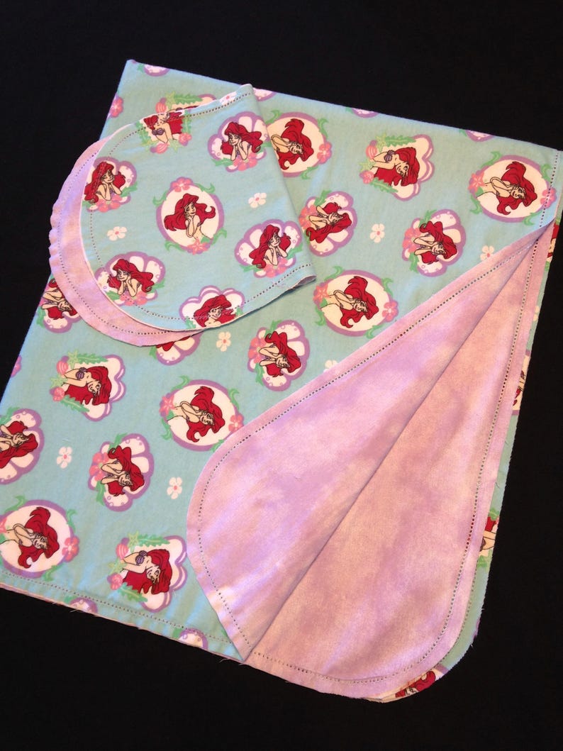 Little Mermaid Receiving blanket & burp cloth, Hemstitch crochet baby girl reversible flannel, lavender purple Coordinate aqua blue, Arial, image 5