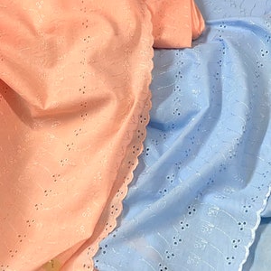 Eyelet floral fabric, blue, peach coral, cotton polyester blend, dresses, curtains, table cloth, quilts, weddings, by yard