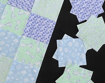 84 little Peepers Giraffe, baby rag quilt kit, pre cut quilt blocks 7" squares, mint green blue, baby boy girl flannel blanket, DIY quilt