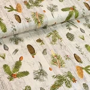Grandes branches et pommes de pin et de sapin verts sur beige, par David Textiles Arbres forestiers, carte des bois, automne glands sauvages d'automne