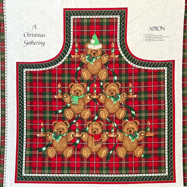 Apron Christmas teddy bear fabric panel, vintage, plaid red green, A Christmas Gathering, sewing instructions, Christmas gift, DIY Apron