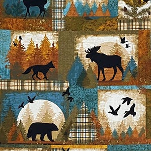 May include: A fabric panel with a repeating pattern of woodland scenes. Each square shows silhouettes of animals such as deer, moose, and bears, alongside birds, trees, and cabins, set against a backdrop of blue, brown, and orange.