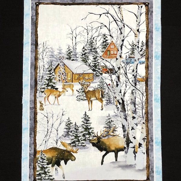 Snowy Woods  fabric panel, pine tree cabins Winter Woodland fabric, by Henry Glass, Moose, Christmas Holiday fabric