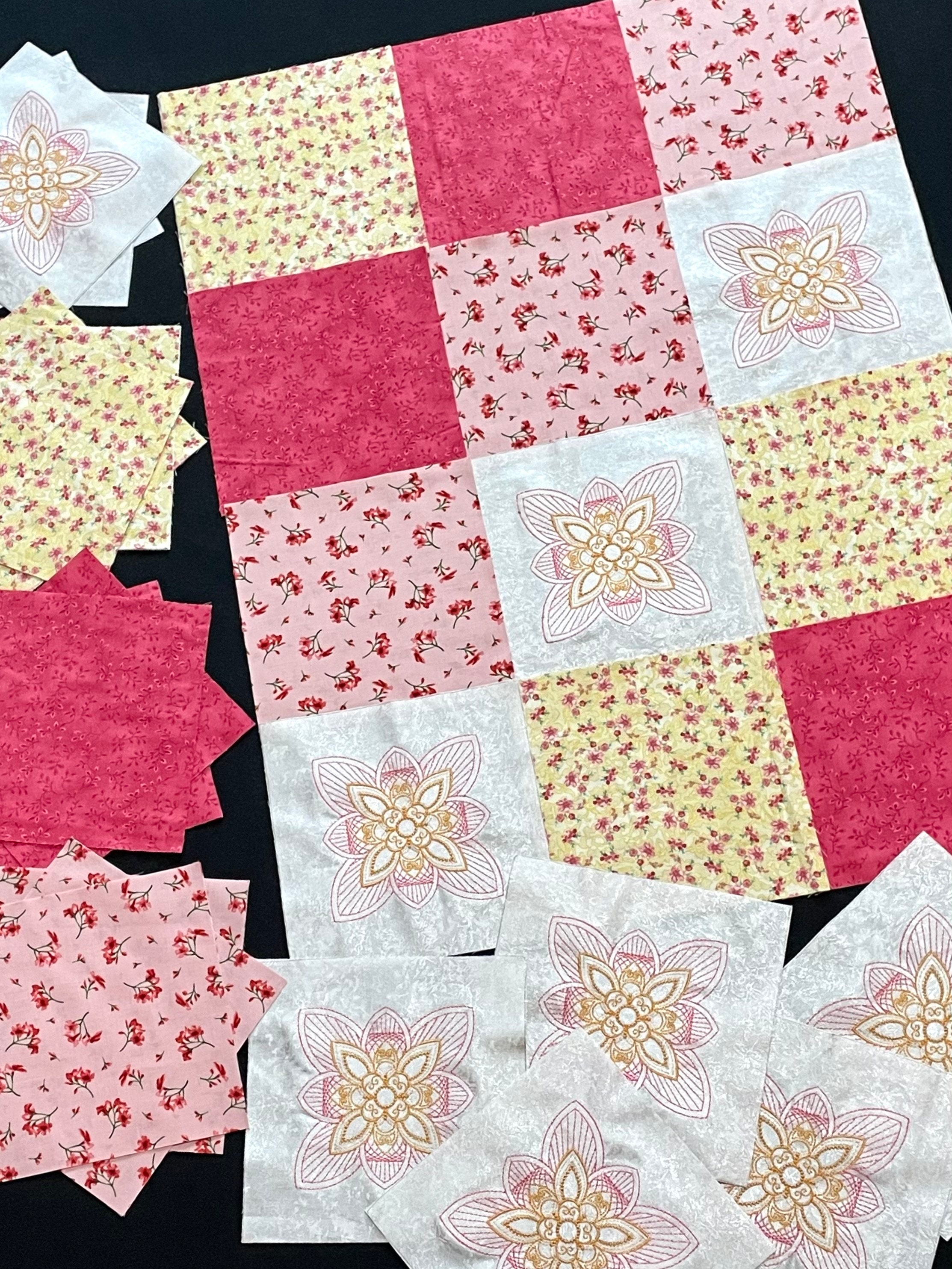 72 Pink Floral Embroidered 8 Pre Cut Square Quilt Etsy