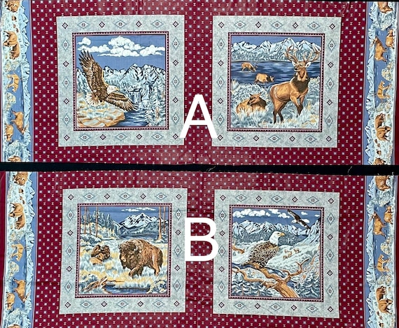 deer eagle buffalo fabric pillow panel, quilting fabric, burgundy gray, wilderness wildlife woodland, VIP screen print, Cranston print works