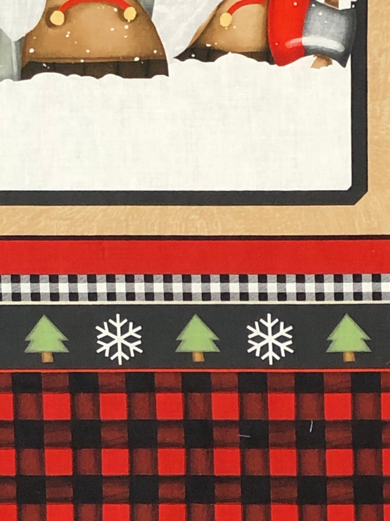 Timber Gnomies FLANNEL fabric panel, by Henry Glass, tan red black white, snowflakes, buffalo plaid, holiday Christmas fabric image 6