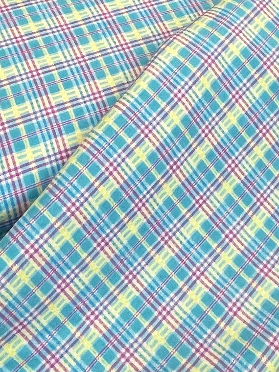 Plaid Flannel fabric, aqua blue yellow, striped,  100% plaid cotton flannel, approx 44", perfect for baby