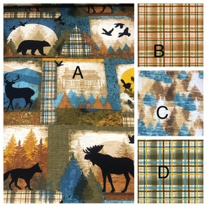 May include: Fabric with a patchwork design featuring woodland scenes. Each square showcases silhouettes of animals like bears, deer, and moose, along with trees, cabins, and birds. The color palette includes blues, greens, and browns.