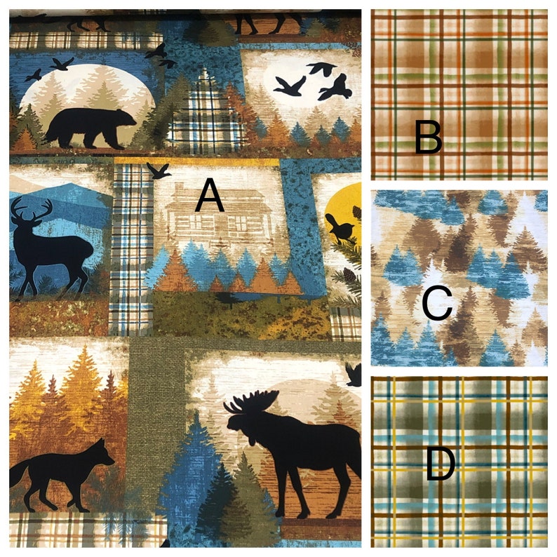 May include: Fabric with a patchwork design featuring woodland scenes. Each square showcases silhouettes of animals like bears, deer, and moose, along with trees, cabins, and birds. The color palette includes blues, greens, and browns.