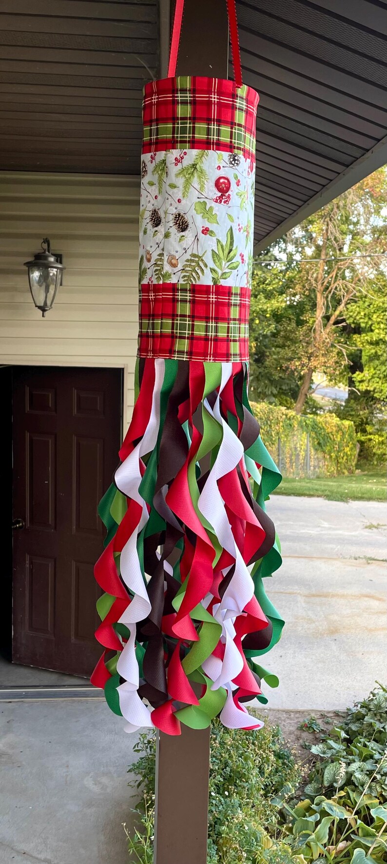 CHRISTMAS Garland Windsock, Red Green Brown White, Holiday Porch
