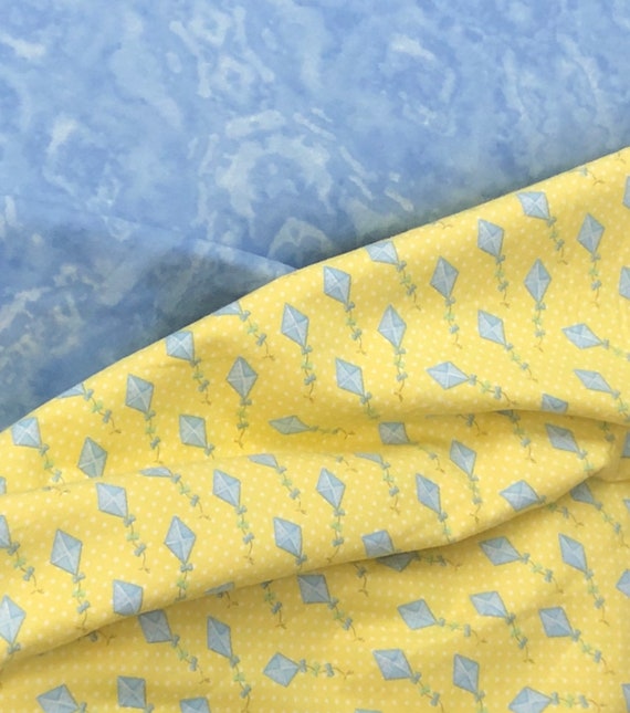 Kite Flying, Blue Yellow, Quilt Fabric Sold by the Yard, Baby Fabric,  Coordinate Flannel, Blue Kite on Yellow, Blue Comfy Print Flannel 