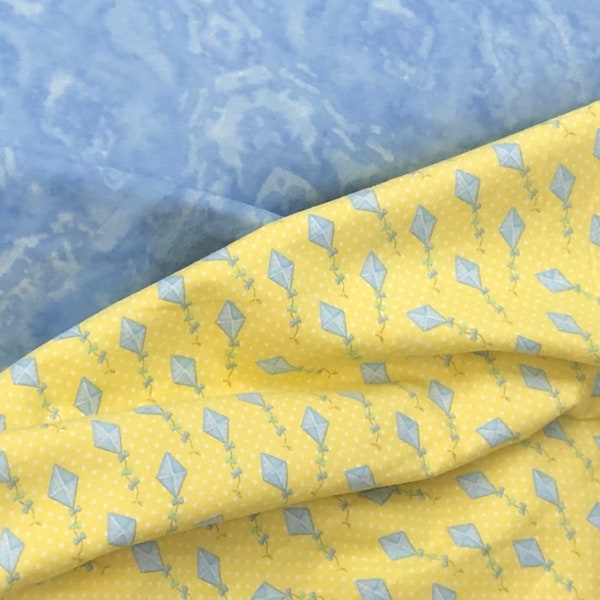 Kite flying, blue yellow, quilt fabric sold by the yard, baby fabric, coordinate flannel, blue kite on yellow, blue comfy print flannel