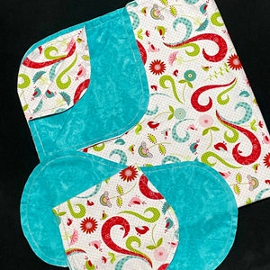 Hemstitch floral receiving blanket & 2 burp cloths ,bird flower, double sided, DIY crochet, red aqua green, polka dot, 40x40