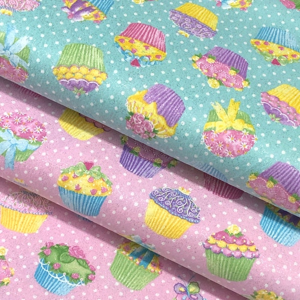 Cupcake sweet treats flannel fabric, sparkle, glitter, aqua blue, pink, birthday party cupcakes, icing cake, sold by the yard