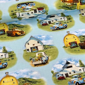 Old Retro Truck Fabric, Barn Fabric, by Elizabeth Studio, Vintage Trucks, Blue, Old Farm pickup, Quilt Fabric by the Yard, 100% Cotton