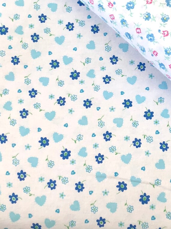 Vintage Cotton Fabric PINK FLORAL HEARTS ON BLUE 1 Yd /44" Vintage Cotton Fabric PINK FLORAL HEARTS ON BLUE 1 Yd /44"