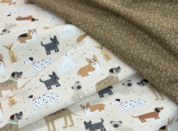 Puppy dog flannel, tossed variety of dogs, beige background, Quilting, paw prints, mans best friend, brown woolies swirl flannel