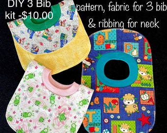 3 DIY Baby Bib kit, fabric, ribbing, Pattern instructions, Beginner stretch neck Pull over double sided flannel easy on off comfortable bibs