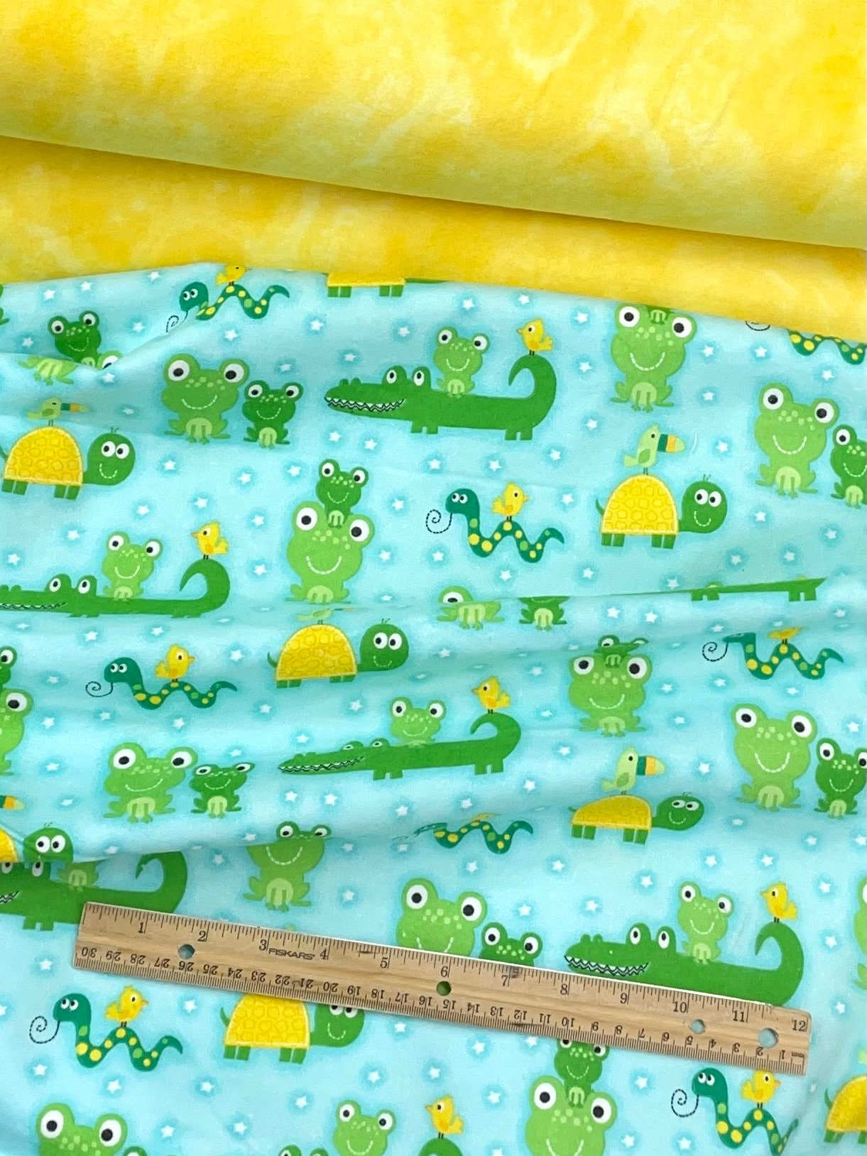 Alligator Frog Snake Baby Flannel, Yellow Aqua Blue, Green