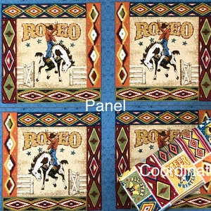 Southwest Cowboy Rodeo bronco rider fabric panel, ropes, boots hat, bareback horse riding, Southwest patch fabric, geometric, Aztec