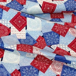 Lil Buckaroo&#39;s bandanna, handkerchief, Cowboy rodeo western paisley fabric, Navy blue, red, by Benartex, Western quilt fabric, sold by yard