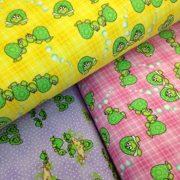 Turtle flannel, pink yellow plaid fabric,purple polka dot flannel,  green turtles, receiving blanket flannel, baby and toddler fabric,