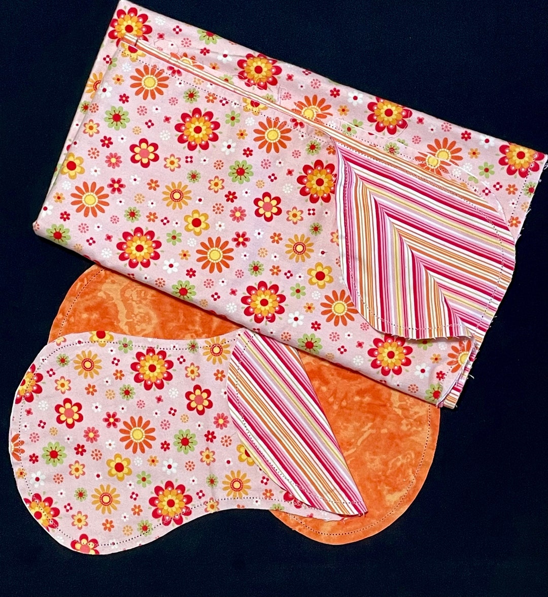 Flower Pink Orange Hemstitch Receiving Blanket & 2 Burp Cloths, Crochet